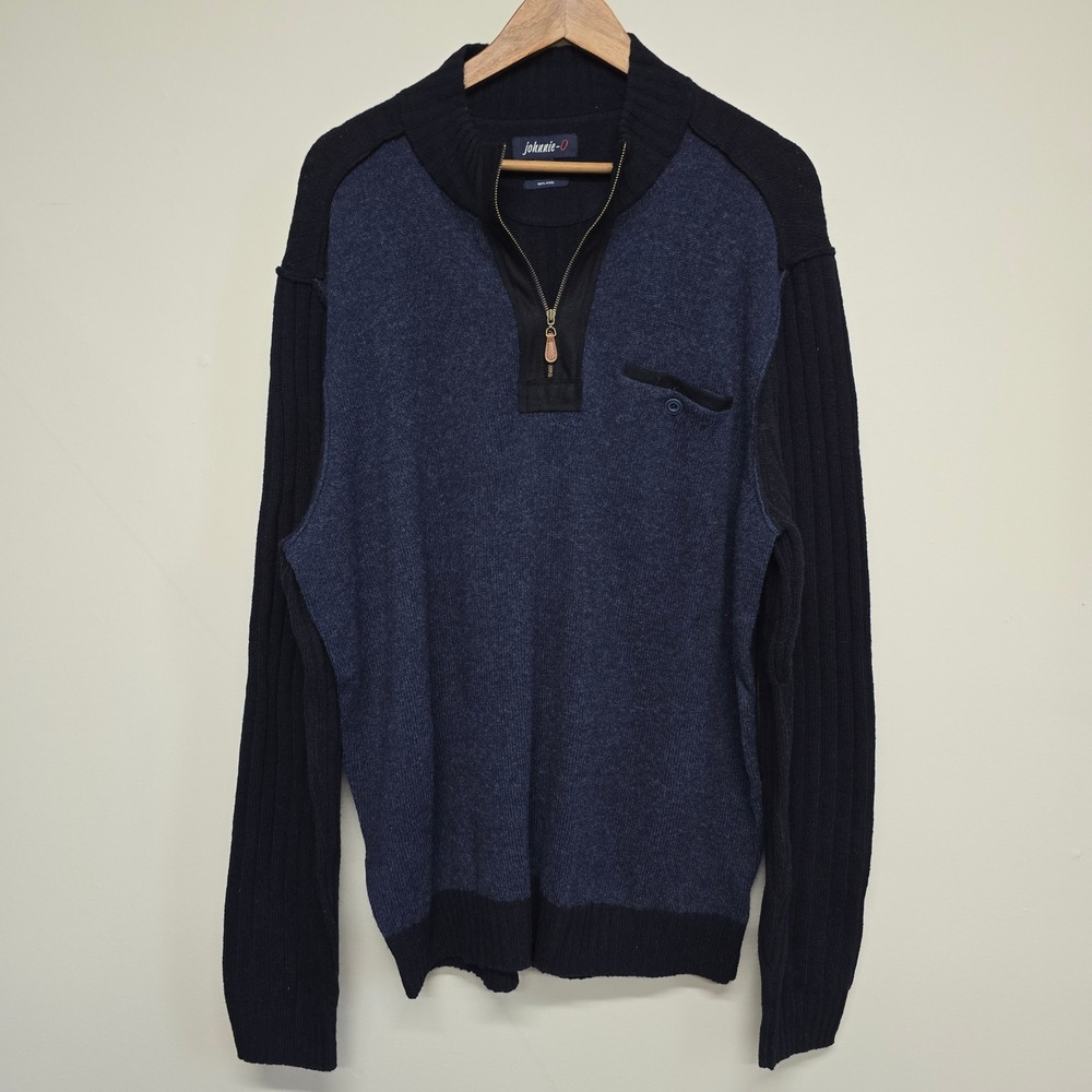 Johnnie-O Quarter Zip Sweater Mens Large Navy Blue 100% Wool Ribbed Sleeve